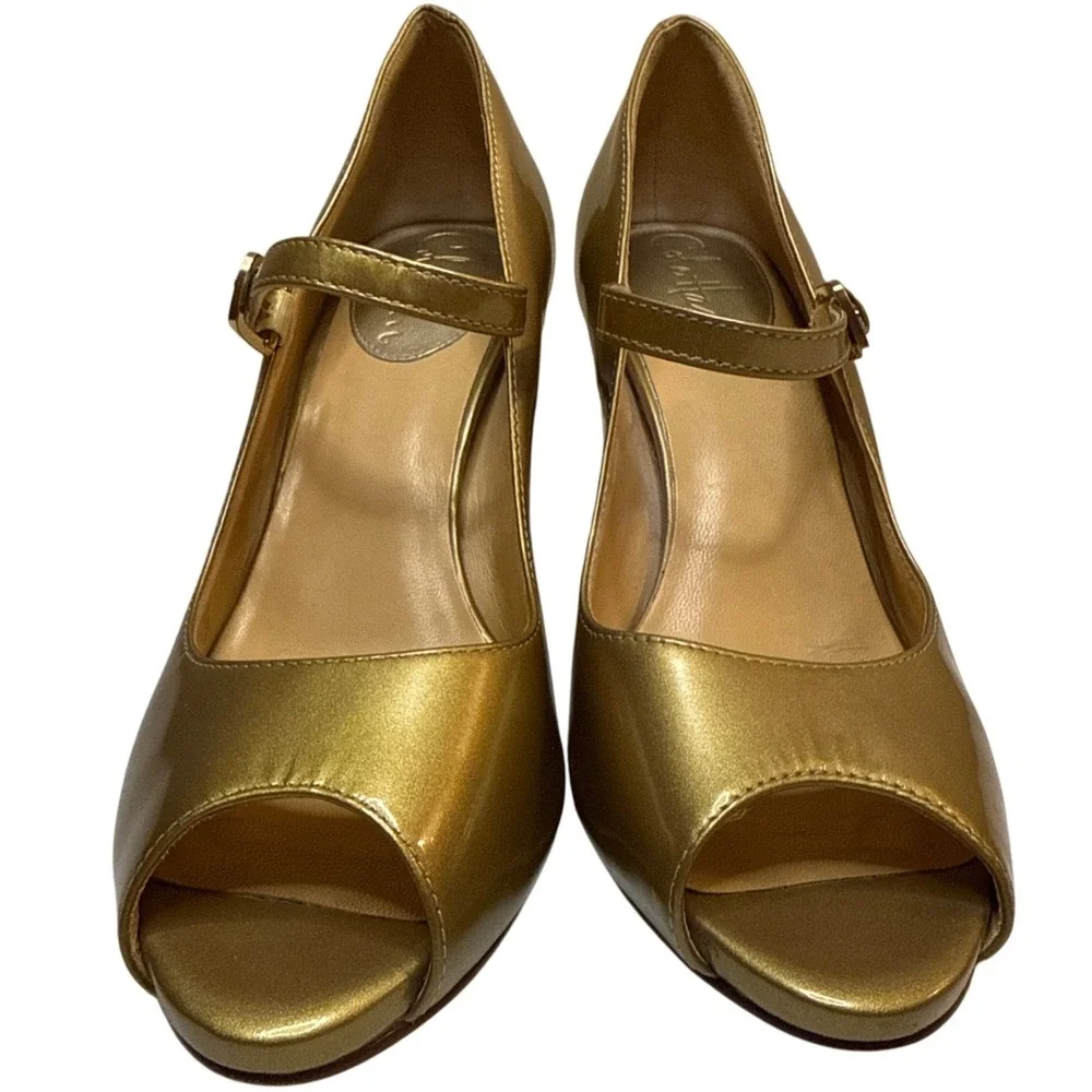 Cole Haan Peep Toe Mary Jane Heels Gold Metallic Patent Leather Buckle Shoes 6.5